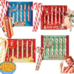 Egpull<4 BOX SET Bacon Hot Dog Mac & Cheese Gravy Flavored Candy Canes - Archie McPhee - Miniature Marvels: Airplane Models & Painted Dice
