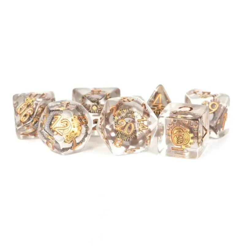 Shop All*FanRoll LIC740 Clear Dice with Gold Gears Inside w/Gold Numbers - Miniature Marvels: Airplane Models & Painted Dice
