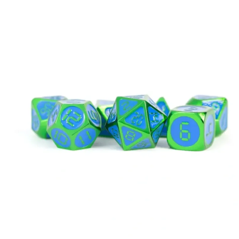 Dice<Green with Blue Enamel Digital 16mm Polyhedral Dice Set MET 023 - Miniature Marvels: Airplane Models & Painted Dice