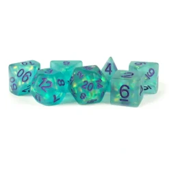Dice<Icy Opal 16mm Resin Poly Dice Set: Teal with Purple Numbers MET 608 - Miniature Marvels: Airplane Models & Painted Dice