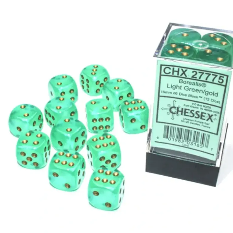 Dice<Light Green / Gold Luminary: Borealis 12d6 16mm Dice Block CHX 27775 - Miniature Marvels: Airplane Models & Painted Dice