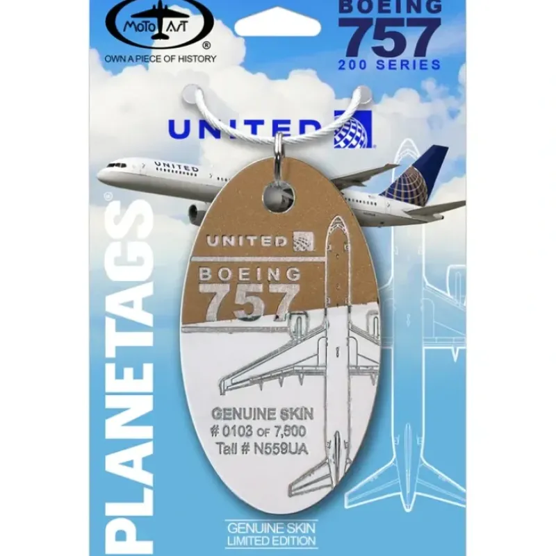 Airplane Model*Plane Tags United Airlines Boeing 757 N559UA (White/Gold) - Miniature Marvels: Airplane Models & Painted Dice