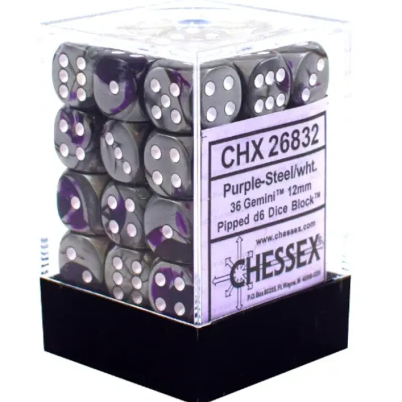 Dice<Purple-Steel / White: Gemini 36d6 12mm Dice Block CHX 26832 - Miniature Marvels: Airplane Models & Painted Dice
