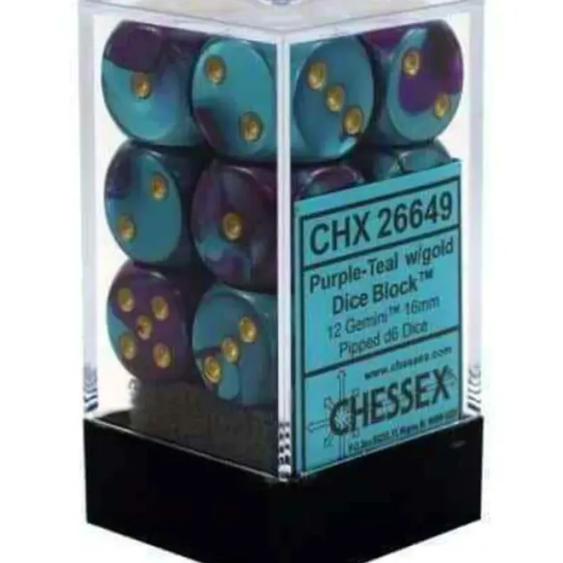 Dice<Purple-Teal / Gold: Gemini 12d6 16mm Dice Block CHX 26649 - Miniature Marvels: Airplane Models & Painted Dice
