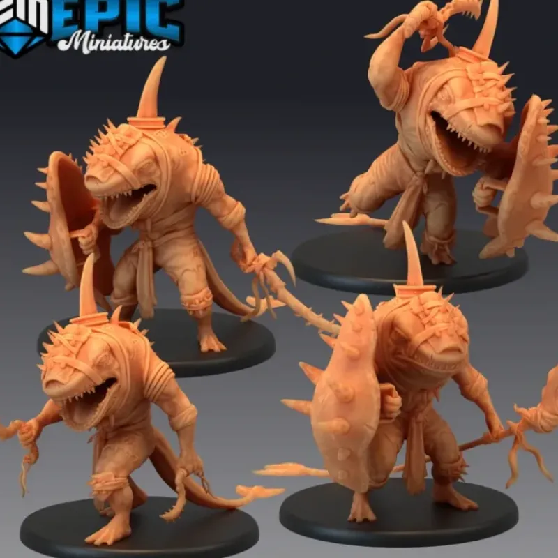 Miniature<Sharkfolk Warriors - Miniature Marvels: Airplane Models & Painted Dice